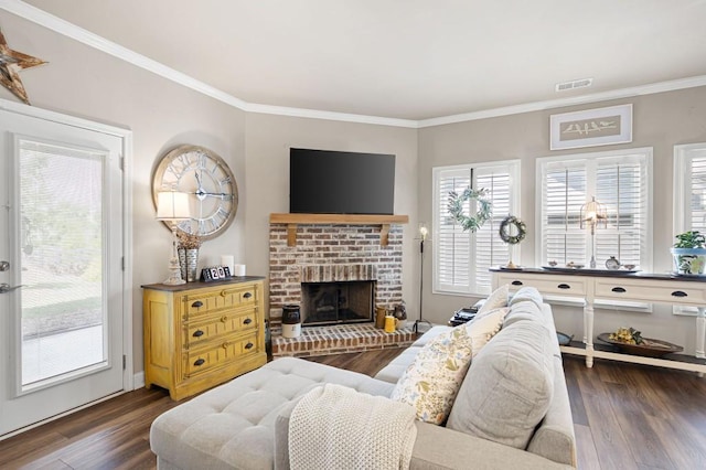 80 Azalea Xing, Dallas, GA 30132 - living room with ornamental molding, dark wood-style floors, and a fireplace