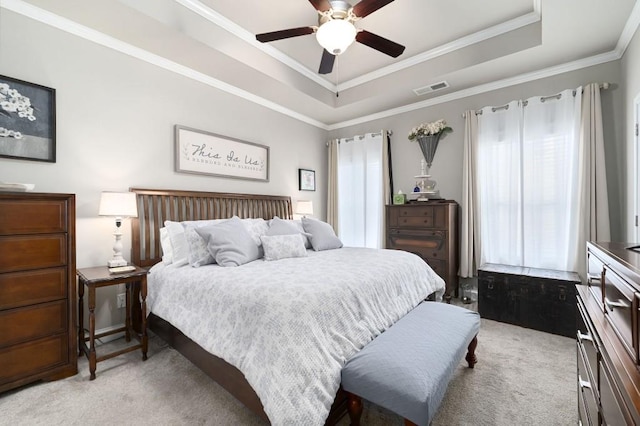 80 Azalea Xing, Dallas, GA 30132 - bedroom featuring light colored carpet, a tray ceiling, ornamental molding, and a ceiling fan