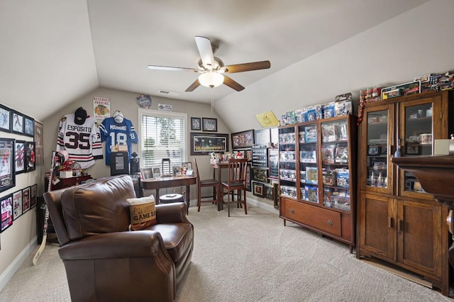 80 Azalea Xing, Dallas, GA 30132 - sitting room featuring vaulted ceiling, ceiling fan, carpet flooring, and baseboards