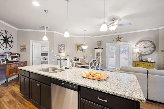 80 Azalea Xing, Dallas, GA 30132 - kitchen with dishwasher, a sink, french doors, dark wood-type flooring, and ceiling fan