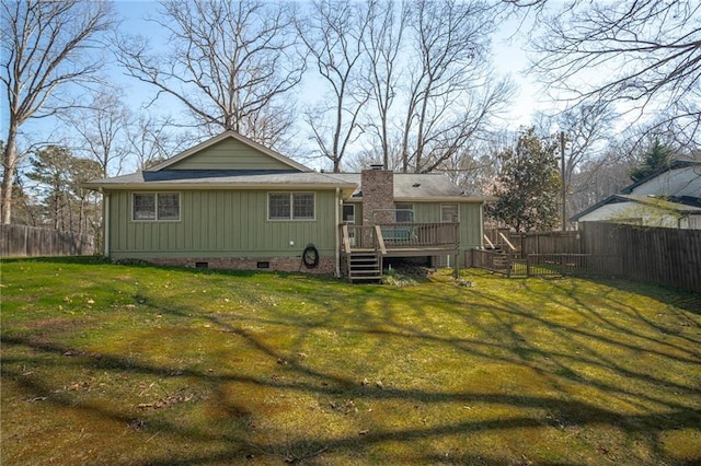 1312 La Mesa Dr, Lawrenceville, GA 30043 - back of house with crawl space, a wooden deck, stairs, and a chimney