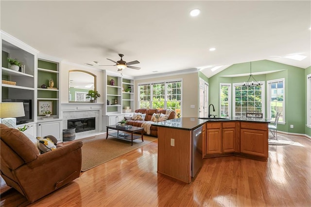 1995 Settindown Dr, Roswell, GA 30075 - kitchen featuring brown cabinetry, light wood finished floors, stainless steel dishwasher, a premium fireplace, and recessed lighting