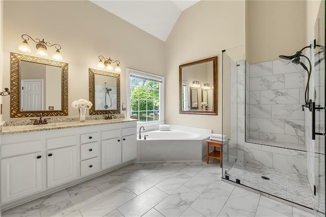 1995 Settindown Dr, Roswell, GA 30075 - bathroom with marble finish flooring, lofted ceiling, a marble finish shower, a bath, and double vanity