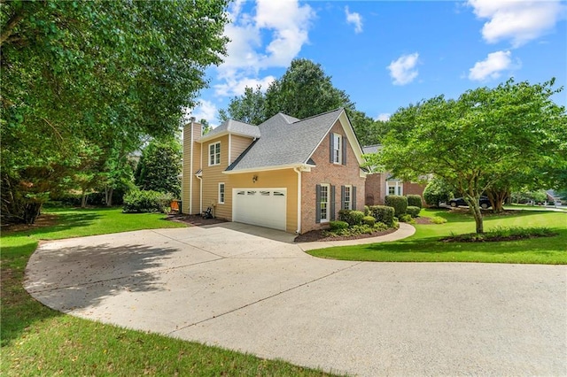 1995 Settindown Dr, Roswell, GA 30075 - view of side of home with brick siding, driveway, a yard, and a chimney