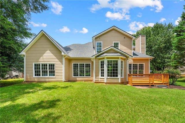 1995 Settindown Dr, Roswell, GA 30075 - back of property with a lawn, a deck, a shingled roof, and a chimney