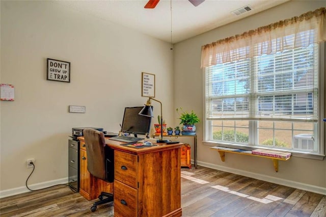 office space featuring ceiling fan, wood finished floors, visible vents, and baseboards