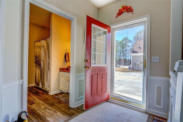 doorway featuring dark wood-style flooring and a wealth of natural light