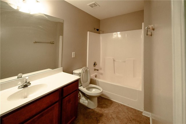 full bathroom with shower / bathing tub combination, tile patterned flooring, vanity, and toilet