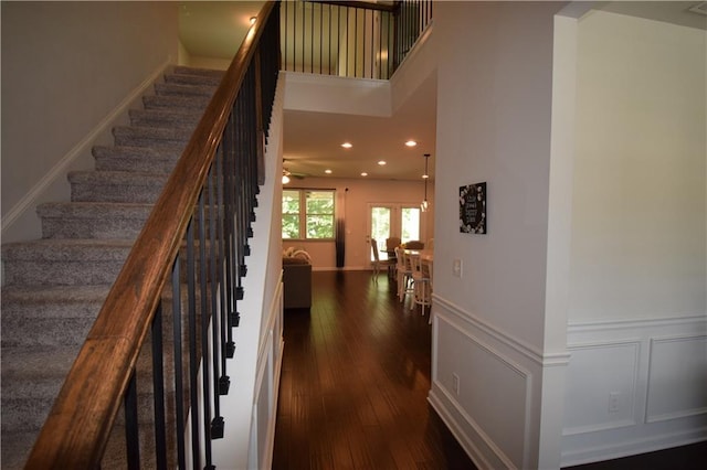 485 Broadmoor Dr, Braselton, GA 30517 - staircase with wood-type flooring, recessed lighting, and a wainscoted wall