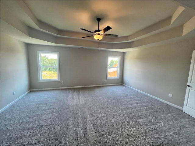 carpeted spare room with a raised ceiling, ceiling fan, and plenty of natural light