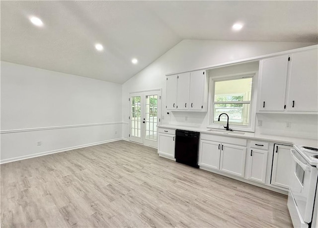 kitchen featuring french doors, white range with electric cooktop, a sink, black dishwasher, and lofted ceiling