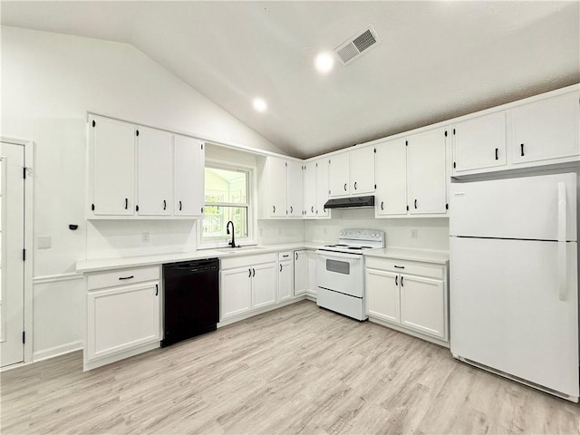 kitchen featuring a sink, white cabinetry, white appliances, under cabinet range hood, and lofted ceiling