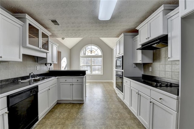 kitchen with visible vents, lofted ceiling, under cabinet range hood, black appliances, and a sink