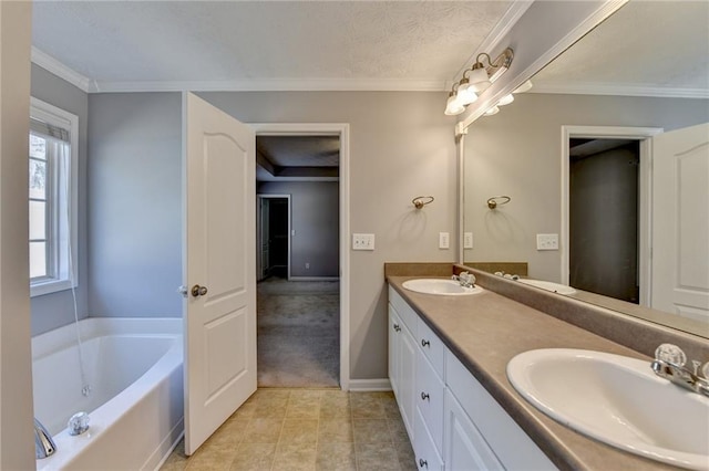 full bathroom with a bath, crown molding, double vanity, and a sink