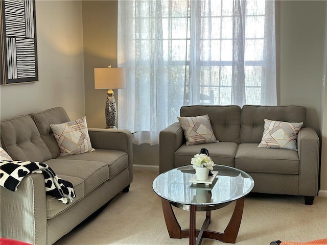 living area featuring light colored carpet