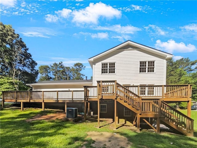 back of property featuring central AC, a deck, and a lawn