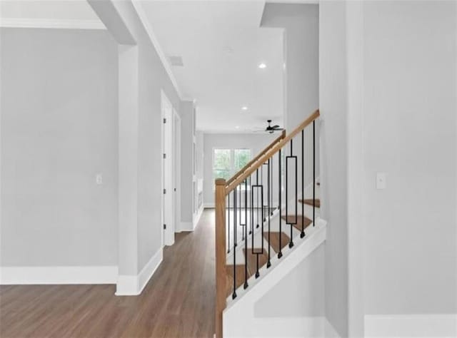 stairs featuring baseboards, crown molding, wood finished floors, and ceiling fan