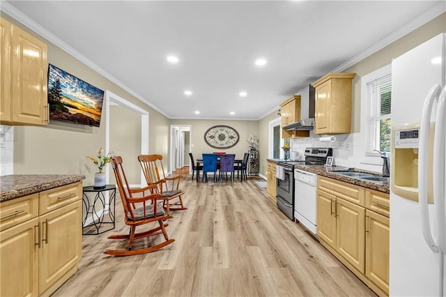 288 Valerie Cir, Hiram, GA 30141 - kitchen featuring white appliances, light brown cabinets, light wood finished floors, tasteful backsplash, and recessed lighting