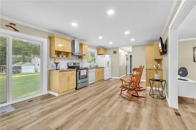 288 Valerie Cir, Hiram, GA 30141 - kitchen featuring white appliances, wall chimney range hood, light brown cabinets, ornamental molding, and light wood-style flooring