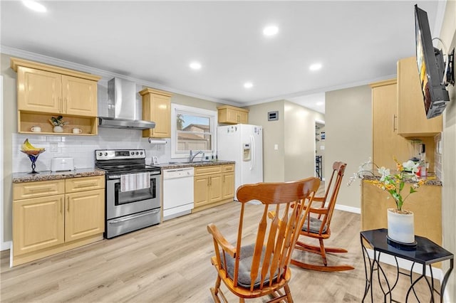 288 Valerie Cir, Hiram, GA 30141 - kitchen featuring wall chimney range hood, white appliances, light brown cabinetry, ornamental molding, and light wood finished floors