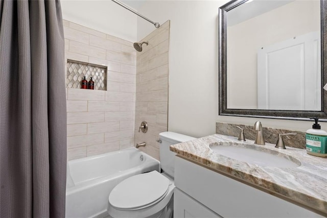 full bathroom featuring toilet, vanity, and shower / bathtub combination with curtain