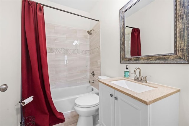 full bathroom with vanity, wood-type flooring, toilet, and shower / bath combo with shower curtain