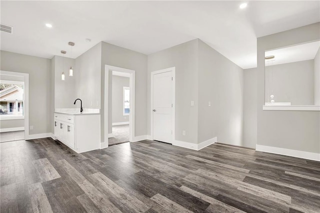 interior space with sink and dark wood-type flooring