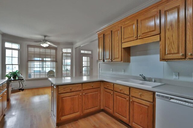 kitchen with sink, kitchen peninsula, light wood-type flooring, dishwasher, and ceiling fan