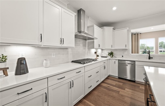 kitchen featuring wall chimney exhaust hood, tasteful backsplash, white cabinets, appliances with stainless steel finishes, and sink