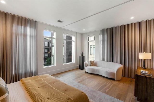 living area with a wealth of natural light and light wood-type flooring