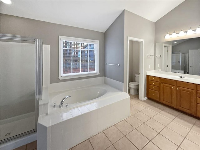 bathroom with vaulted ceiling, toilet, a stall shower, and a bath