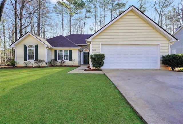 single story home with an attached garage, concrete driveway, a front yard, and a shingled roof