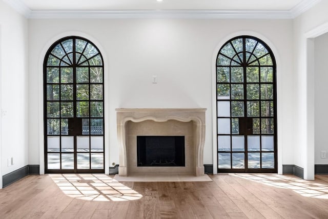 650 Moores Mill Rd NW Unit 1, Atlanta, GA 30327 - unfurnished living room featuring wood finished floors, plenty of natural light, crown molding, and a premium fireplace