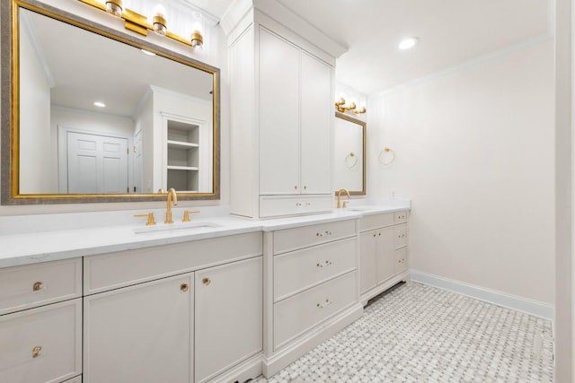650 Moores Mill Rd NW Unit 1, Atlanta, GA 30327 - full bath featuring ornamental molding, double vanity, tile patterned floors, and recessed lighting