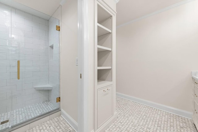 650 Moores Mill Rd NW Unit 1, Atlanta, GA 30327 - full bathroom featuring a stall shower, vanity, crown molding, and tile patterned floors