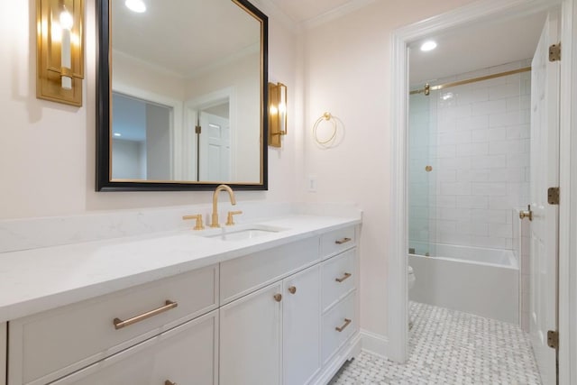 650 Moores Mill Rd NW Unit 1, Atlanta, GA 30327 - bathroom with vanity, crown molding, recessed lighting, and bathtub / shower combination