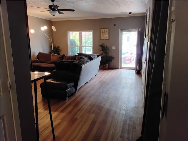 living room featuring a textured ceiling, hardwood / wood-style floors, and ceiling fan