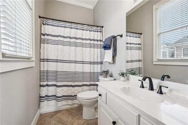 bathroom featuring vanity, a shower with curtain, ornamental molding, tile patterned floors, and toilet