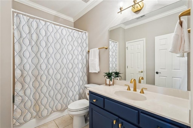 full bathroom featuring tile patterned floors, visible vents, toilet, ornamental molding, and vanity