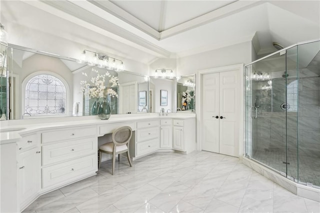 bathroom featuring vanity, a shower stall, crown molding, and marble finish floor