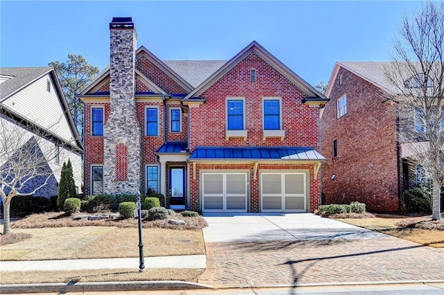 view of front of house with a standing seam roof, a chimney, concrete driveway, brick siding, and metal roof