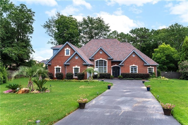 traditional-style house featuring aphalt driveway, a front lawn, fence, and brick siding