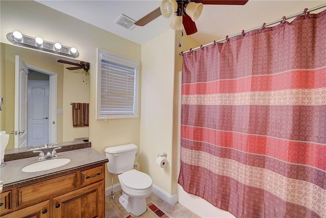 full bathroom featuring tile patterned flooring, toilet, vanity, visible vents, and a ceiling fan