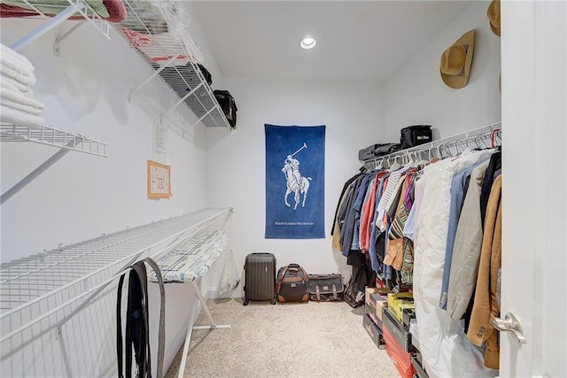 walk in closet with carpet