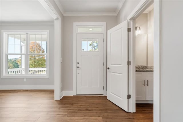 foyer entrance featuring plenty of natural light, crown molding, and hardwood / wood-style floors