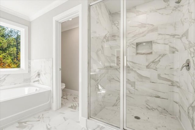 bathroom with toilet, tile walls, independent shower and bath, and crown molding