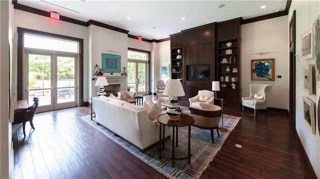 2795 Peachtree Rd NE Unit 1009, Atlanta, GA 30305 - living area with ornamental molding, plenty of natural light, dark wood finished floors, baseboards, and a fireplace