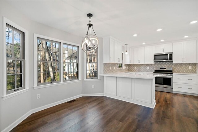 kitchen with tasteful backsplash, appliances with stainless steel finishes, dark wood-style flooring, and light countertops