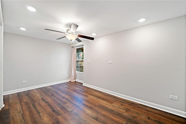 unfurnished room with a ceiling fan, recessed lighting, baseboards, and dark wood-style flooring