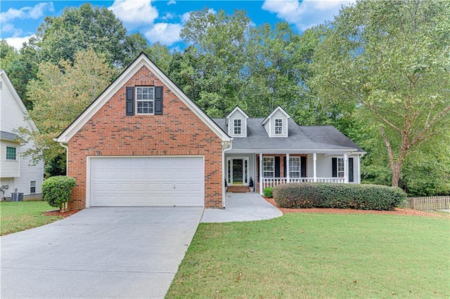 view of front of home featuring a porch, a front yard, brick siding, concrete driveway, and an attached garage